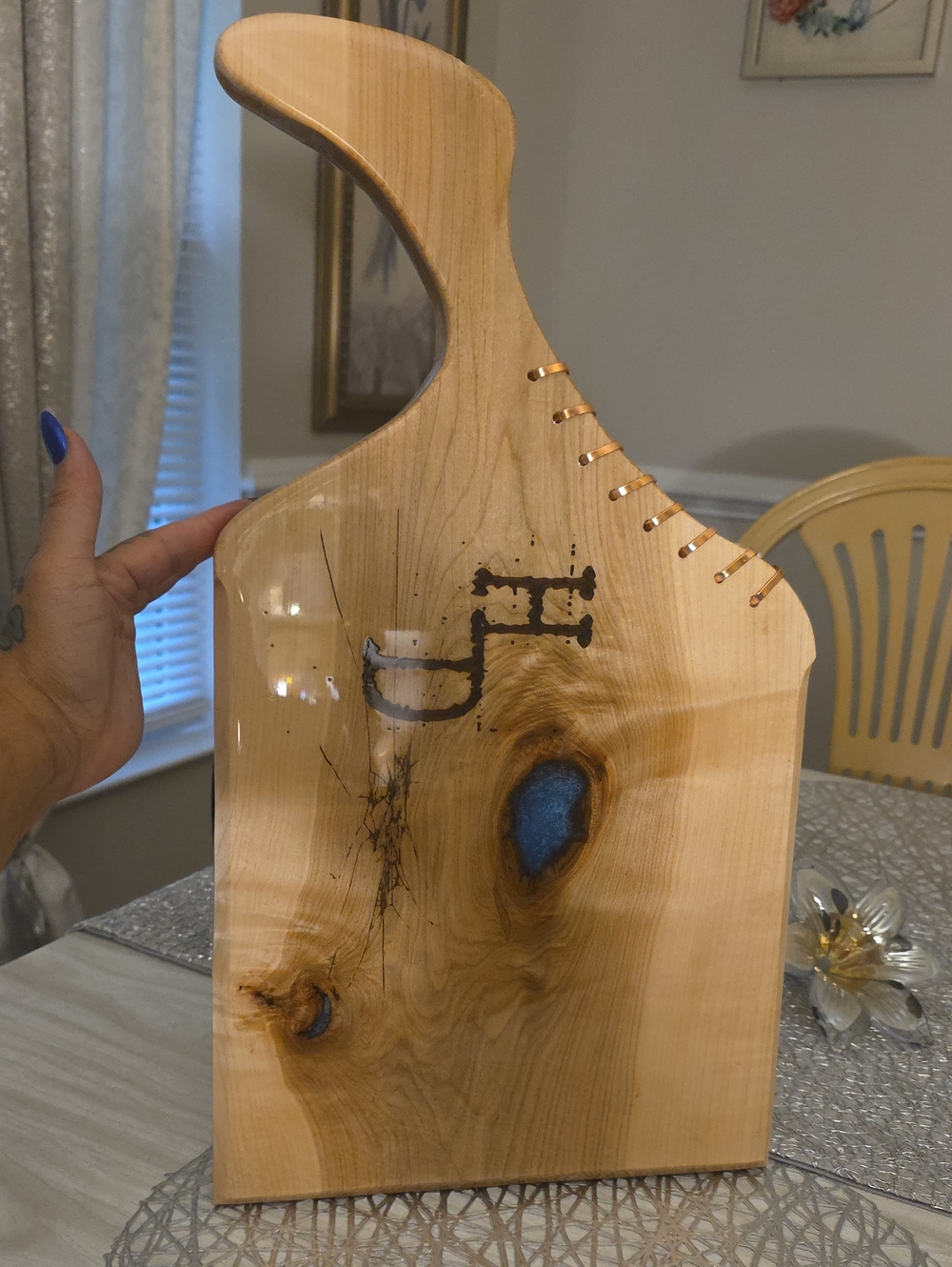 Handcrafted Light Natural Wood Charcuterie Board with Blue Resin Accent